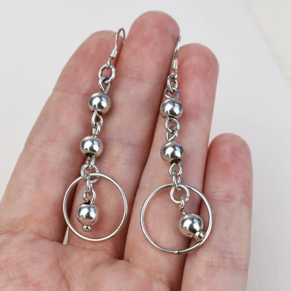 Long Korean aesthetic earrings, stylish silver earrings, alt kpop earrings